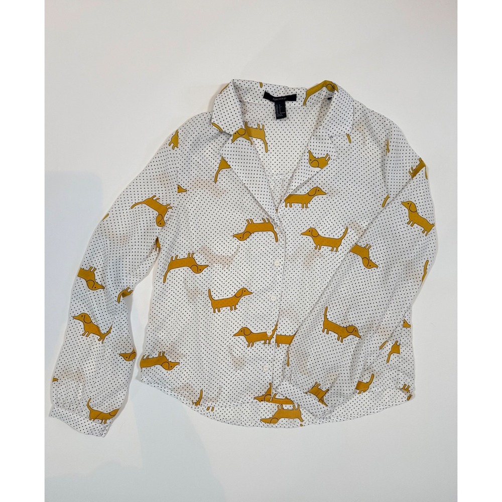 White Dachshund Wiener Dog Polka‎ Dot Blouse Small Long Sleeve